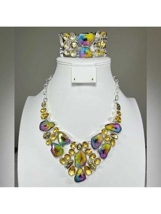Handmade Jewelry - Rainbow Solar Quartz 925 Large Gemstone Necklace & Bracelet Set